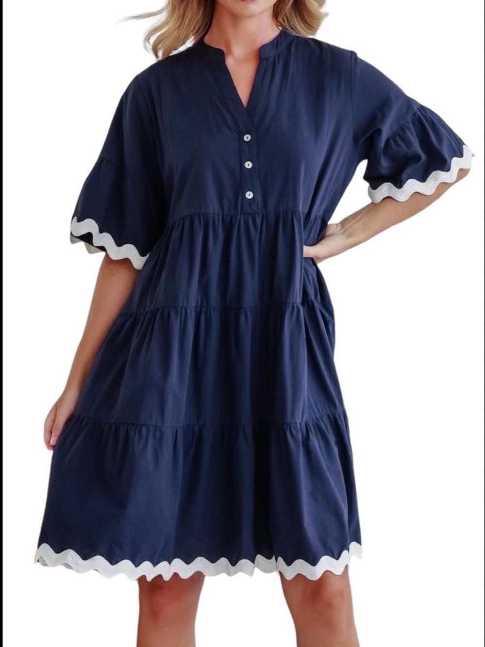 EUC Navy Tiered Swing Dress with White Trim M